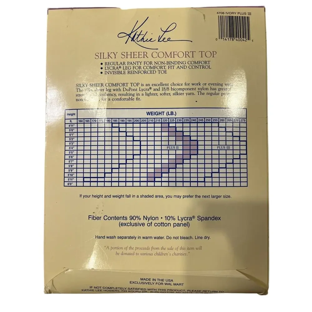 Kathie Lee Comfort Top Lycra Pantyhose Silky Leg Sandalfoot Plus Sz III Ivory